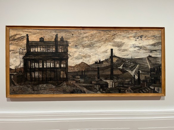 Painting of Sheffield by Derrick Greaves. Industrial buildings in blacks, greys and browns against a cloudy sky.