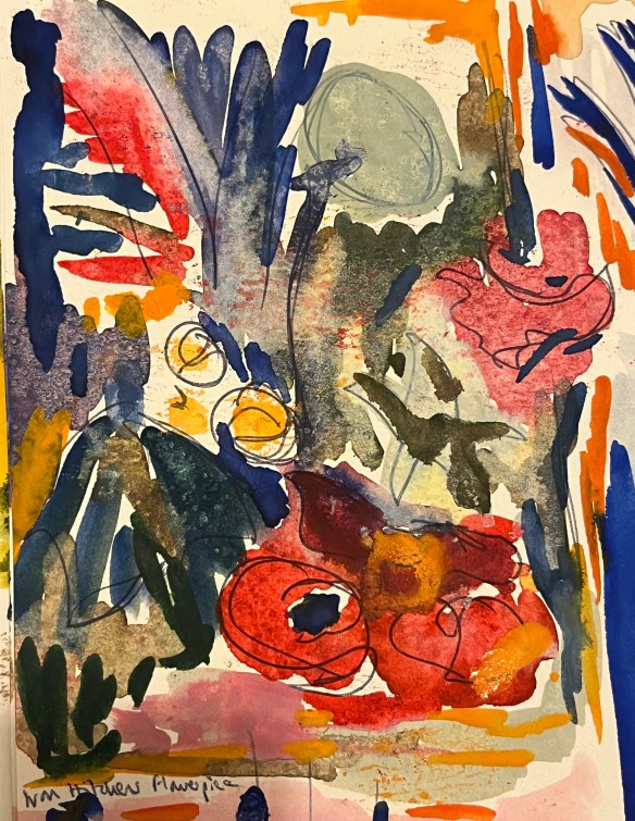 Colourful watercolour with biro ink, based on Ivon Hitchens' work, by me (Alex Woodall).